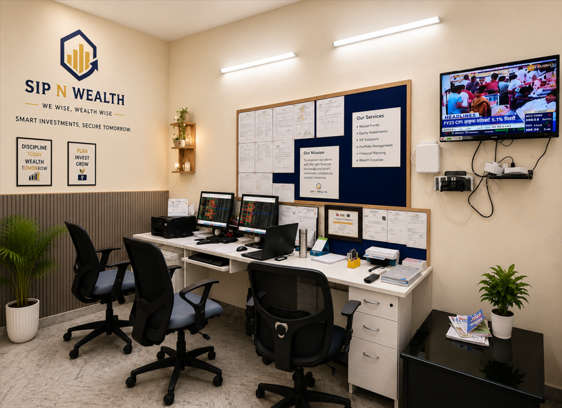 SIP N WEALTH office workspace and pantry area in Vikaspuri, New Delhi